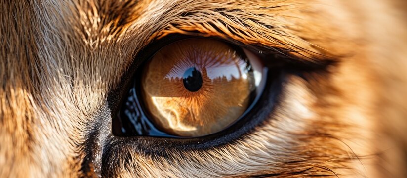 Macro photography of a carnivores closeup, displaying a lions eye with a reflection of a tree. The fur, snout, and eyelash details are clearly visible