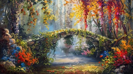 Spectacular oil painting of an autumn vine bridge in a lush forest, with hanging vines and colorful flowers adding to the magical atmosphere.