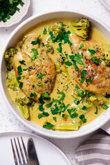 Creamy honey mustard chicken and broccoli. .top veiw