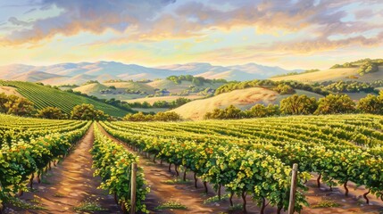 Fototapeta na wymiar Sun-drenched vineyard with rolling hills in the background, portrayed in vibrant oil painting colors.