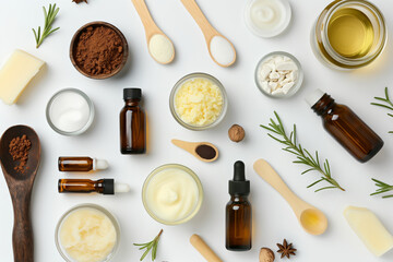 Array of Natural Skincare Products and Ingredients on White Background