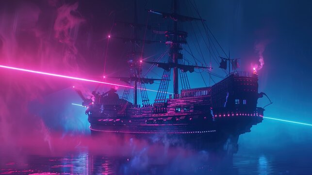 Pirate Ship shrouded in navy and wood cosmic fog, in Vaporwave style, with pulsar beams