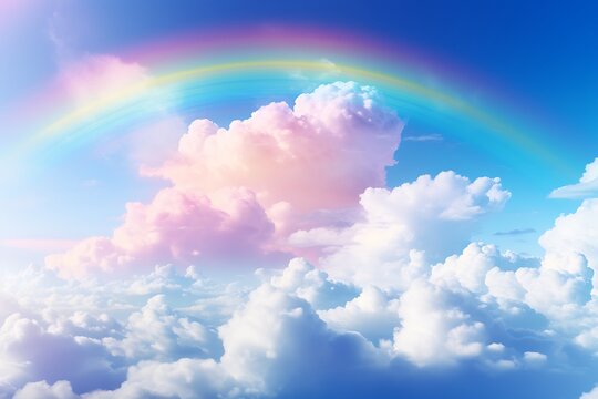Sunset background with clouds and rainbow. 3d render illustration.