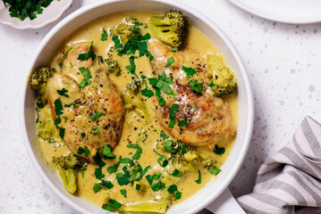 Creamy honey mustard chicken and broccoli. .top veiw
