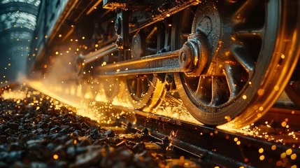 Fotobehang The dynamic interaction of train wheels with the railway, a close-up capturing the cascade of sparks in vivid detail, illustrated in Cinematic Photography © earthstudiotomo