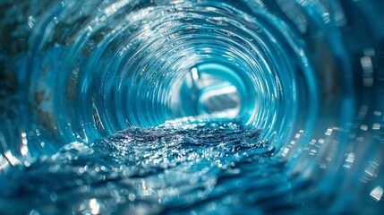 The glossy, smooth interior of a water slide, highlighted by a close-up of the water's surface tension, creating a mirror-like reflection on the tube walls, depicted in Abstract Photography - obrazy, fototapety, plakaty
