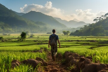 Fototapeta na wymiar Farmer working on rice field in Chiang Mai, Thailand.