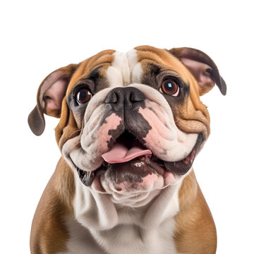 Close up portrait of a happy English Bulldog, cute half body dog, Isolated on Transparent Background, PNG