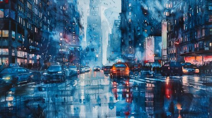 Watercolor cityscape at dusk with blue tones and reflections on wet streets.