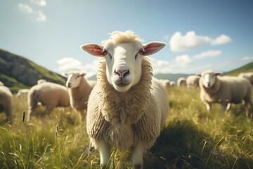 Sheep on the grassland in Scotland, UK. Selective focus.
