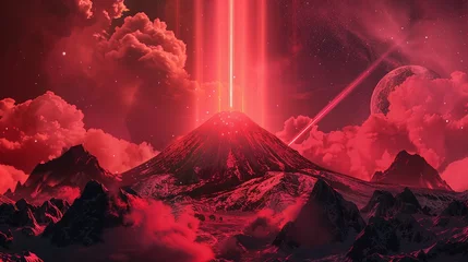 Poster Volcano shrouded in red and black cosmic fog, in Vaporwave style, with pulsar beams © Boraryn
