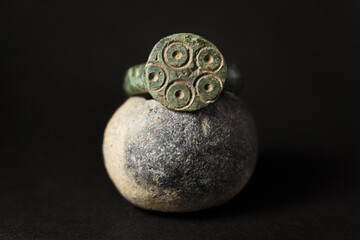 Rare Viking bronze engraved ring. Excavated artifact, 8th-11th Century AD