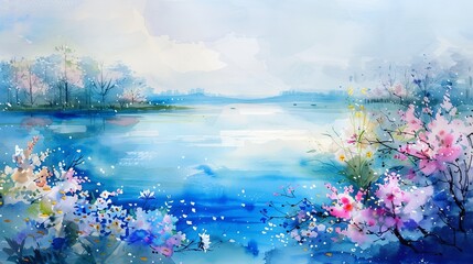 Fototapeta na wymiar Watercolor landscape featuring a tranquil blue lake surrounded by spring flowers.
