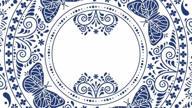 Video animation of Talavera de Puebla with Texto Mexico. Moving pattern of traditional ceramic ornament of Talavera de puebla. Text animation in Mexico.