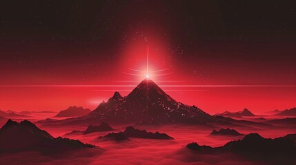 Volcano shrouded in red and black cosmic fog, in Chiaroscuro Vaporwave style, with pulsar beams - obrazy, fototapety, plakaty