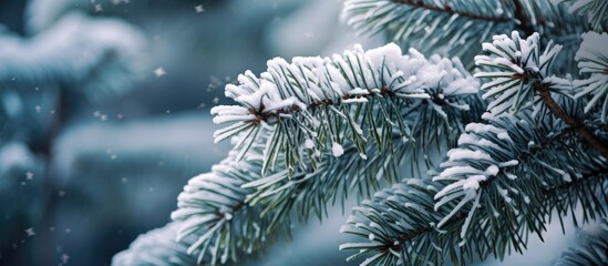 Close-up of decorated snow-covered evergreen tree branches.