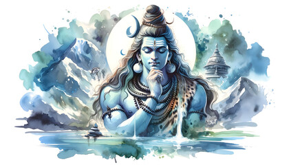 Watercolor painting illustration of lord shiva in meditation with a trident.