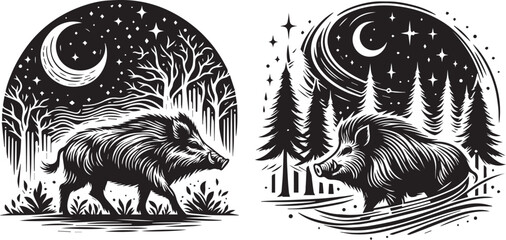wild boar illustration vector black and white  - obrazy, fototapety, plakaty