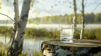 Tafelkleed A glass of fresh birch sap, against the backdrop of a birch grove in the rays of the spring sun with a copy space. © Tetiana