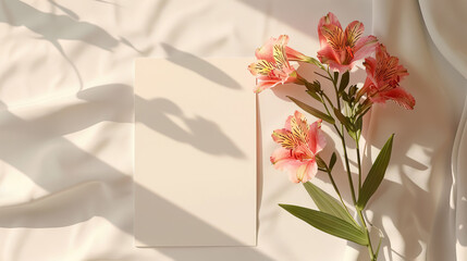beautiful minimalism blank paper card mockup with Alstroemeria (Peruvian Lilies) bouqet flowers on white cloth background with foliage shadow from window for women's Day, mothers day, valentine's day
