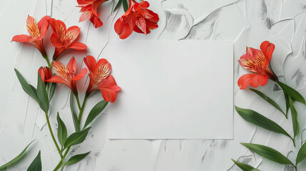 Minimal composition with white blank card and Alstroemeria (Peruvian Lilies) flowers on a marble background. Mockup with blank card. Flat lay. Top view. 