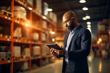 Serious mature man using digital tablet in warehouse. This is a freight transportation and distribution warehouse. Industrial and industrial workers concept
