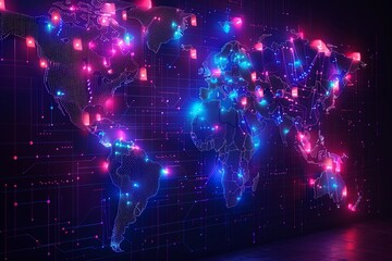 A futuristic neon-lit map of the world, with glowing dots representing the global spread of nanotechnology innovations