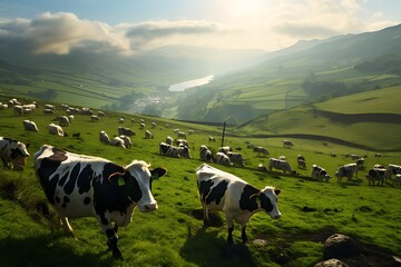 Cows grazing on the green hills at sunset in Sicily, Italy