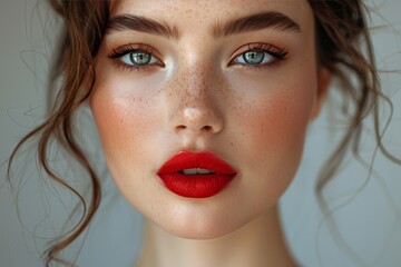 Striking close-up of woman with red lipstick and blue eyes