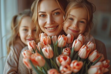 A mother with two daughters holding a bouquet of tulips smiles for the camera indoors