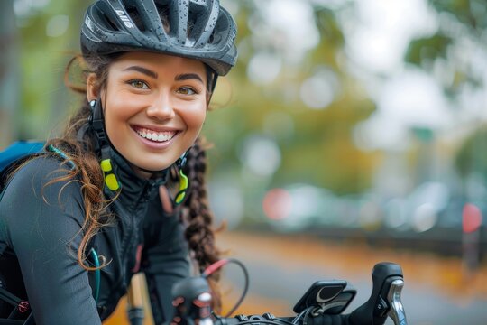 Young female cyclist wearing a helmet and cycling gear poses for a photo, exuding fitness and happiness
