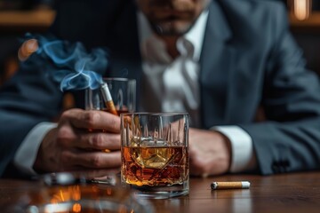 An atmospheric shot of a man in a suit with a whiskey on the rocks and smoking a cigarette in a bar setting