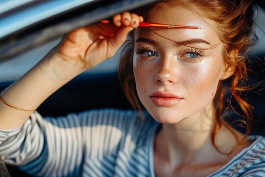Young woman with freckles holding a pencil in a car, contemplation and beauty accentuated