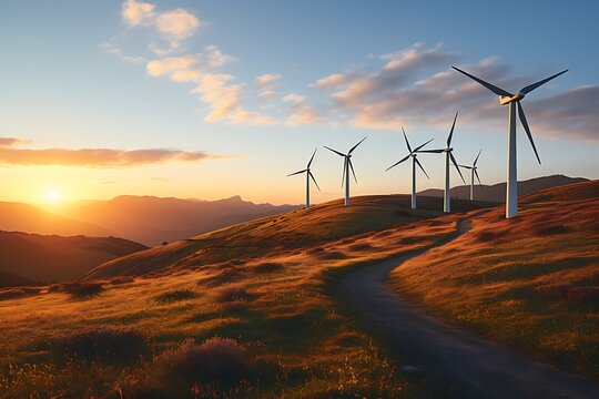 Wind turbines on a hillside at sunset. 3D rendering.