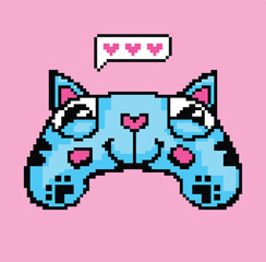 Gamepad cat. Monster gamepad cat. Game pad cartoon character with big eyes, ears, smiling face. Digital technology Joystick 8 bite. Cute kitten. Hearts message