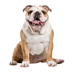 Fototapeta premium Happy Dog Sitting: A Cute Full Body Picture of an English Bulldog, Isolated on Transparent Background, PNG