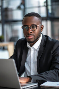 photograph of a black handsome man working as a sales representative in company