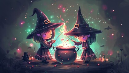 illustration of two cute cartoon witches - obrazy, fototapety, plakaty