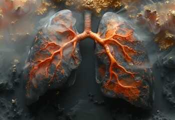Unhealthy, sick lungs with poor air quality. Human lungs and bronchial cells in smoke - obrazy, fototapety, plakaty