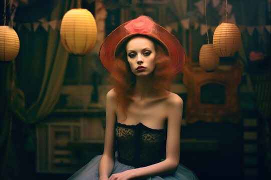 Red-haired beauty in red hat, black corset dress, blue skirt. Pale skin, red lips.