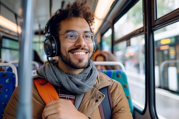 Happy man with headphones sitting inside a public bus, exhibiting a relaxed and content expression - obrazy, fototapety, plakaty