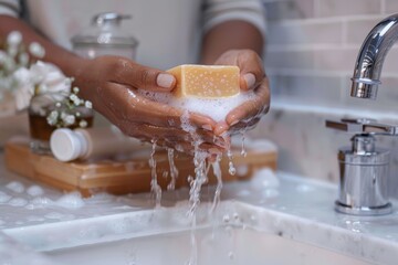A person cleansing their hands using a soap bar under a tap, emphasizing a clean and hygienic lifestyle - obrazy, fototapety, plakaty