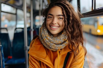 Cheerful young woman with a bright smile wearing a yellow coat on a public bus during the day - obrazy, fototapety, plakaty
