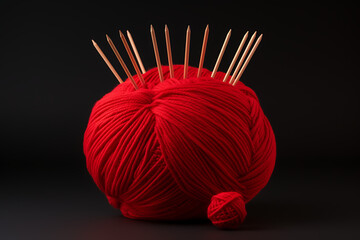 Radiant Red Yarn with Knitting Needles - wool punctuated by multiple knitting needles