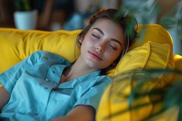 A serene woman takes a relaxing nap, enveloped by the comfort of a striking yellow couch - obrazy, fototapety, plakaty