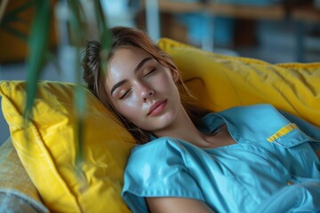 The image captures a peaceful moment, likely a rest or nap on a comfy sofa
