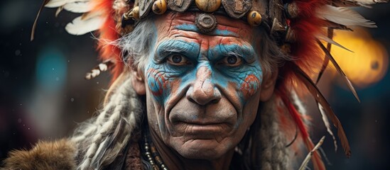 In the visual arts, a man with disfigurement and blue paint on his face wears a Native American headdress, resembling a fictional character from a mythologyinspired action film or dark fiction movie
