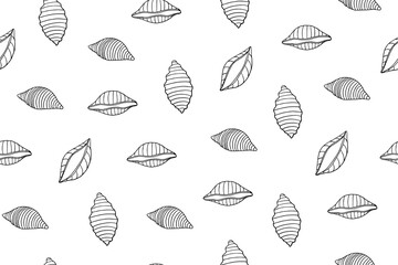 Seamless pasta pattern in doodle style. Shell pasta. Conchiglie rigate. Italian cuisine. Pasta time. Pasta lover. Hand drawn. Great for menu design, banners, sites, packaging. Vector illustration