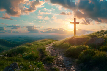 Cross on the hill with a path leading to God, a Christian symbol of faith. Happy Easter! - obrazy, fototapety, plakaty
