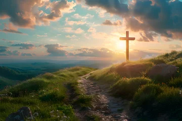 Fotobehang Cross on the hill with a path leading to God, a Christian symbol of faith. Happy Easter! © NE97
